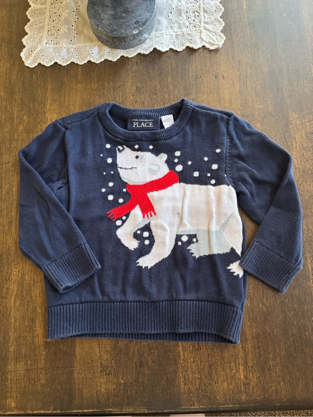 The Children's Place Navy Sweater with White Polar Bear and Red Scarf